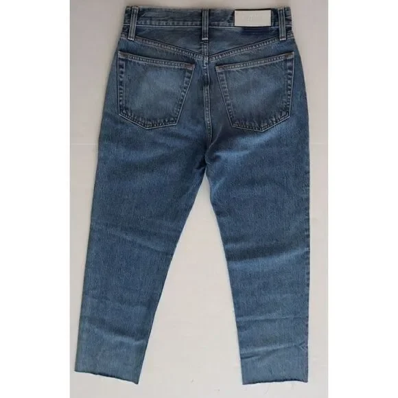 Re/Done Women's Sz 26 Blue Stove Pipe Crop Button Fly Raw Hem Denim Jeans $265 - Picture 2 of 10